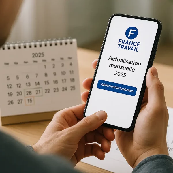 Une Personne Tient Un Smartphone Affichant Un écran De Mise à Jour Mensuelle "france Travail" 2025, Avec Un Calendrier Et Des Documents Administratifs Visibles En Arrière Plan.