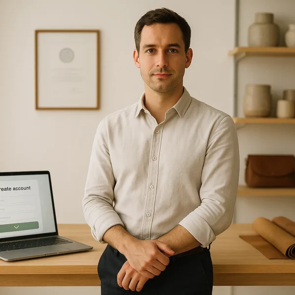 Un Homme Vêtu D'une Chemise Claire Se Tient Près D'un Bureau Sur Lequel Se Trouve Un Ordinateur Portable Affichant Un Formulaire "créer Un Compte". Des étagères De Poterie Et De Maroquinerie Se Trouvent à L'arrière Plan.