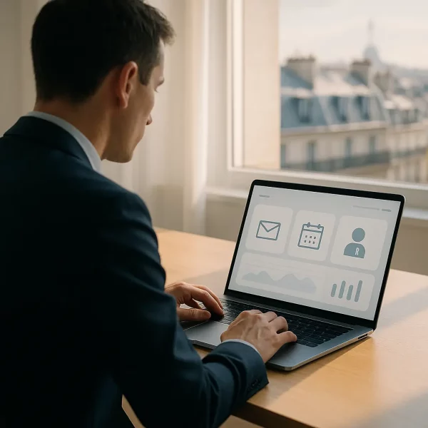 Un Homme En Costume Est Assis à Un Bureau Près D'une Fenêtre, Tapant Sur Un Ordinateur Portable Affichant Des Icônes Pour Le Courrier électronique, Le Calendrier, Les Contacts Et Les Analyses.