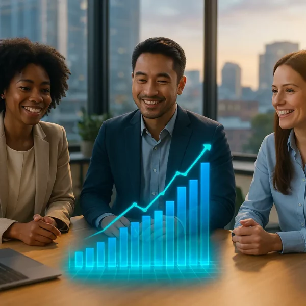 Trois Professionnels Sont Assis à Une Table Avec Un Ordinateur Portable, Souriant à Un Graphique à Barres Holographique Avec Une Tendance à La Hausse Dans Un Environnement De Bureau.