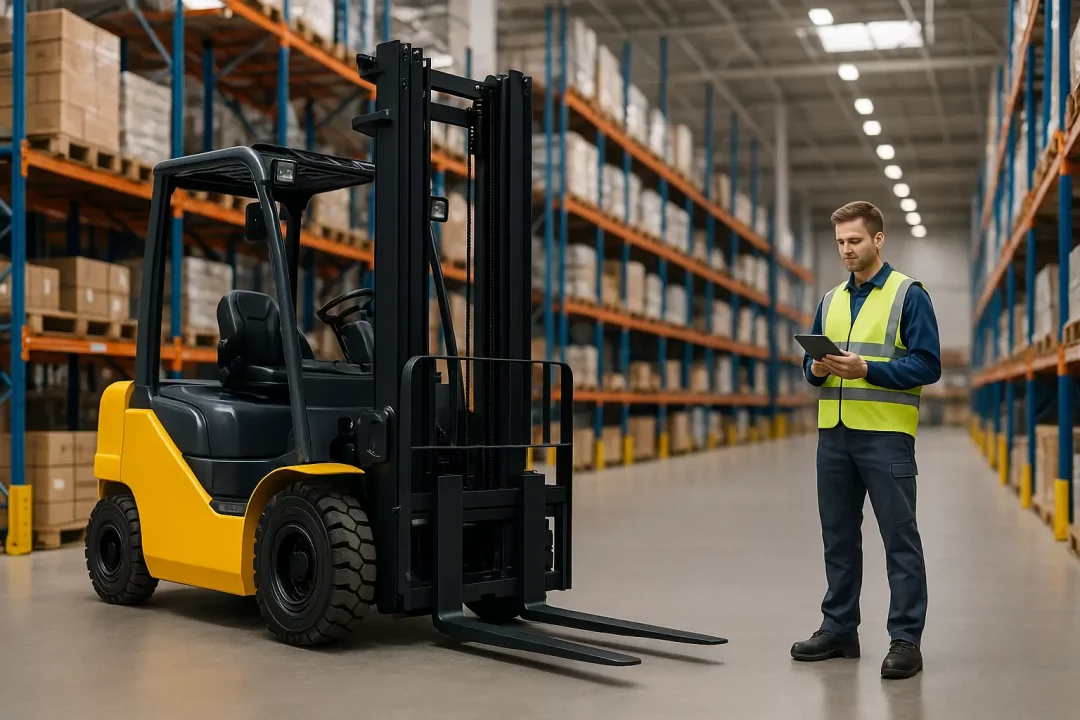 Un Homme Portant Un Gilet De Haute Visibilité Se Tient Dans Un Entrepôt, Utilisant Une Tablette à Côté D'un Chariot élévateur Jaune. Des étagères Contenant Des Boîtes Sont Visibles à L'arrière Plan.