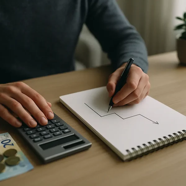 Personne Utilisant Une Calculatrice Et Traçant Une Ligne De Tendance à La Baisse Sur Un Bloc Notes, Avec Des Billets Et Des Pièces En Euros Sur La Table, Suggérant Un Déclin Financier.