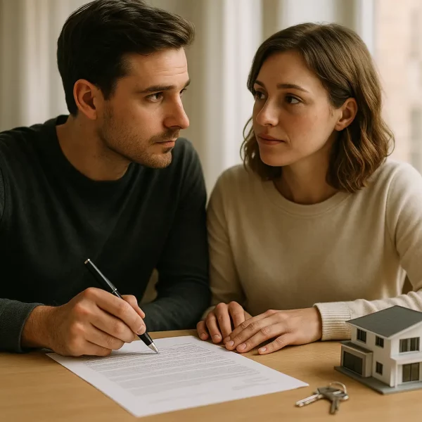 Un Homme Et Une Femme Sont Assis à Une Table Avec Un Contrat, Un Stylo, Des Clés Et Une Maquette De Maison. L'homme Semble Concentré Alors Qu'il Se Prépare à Signer Le Document.