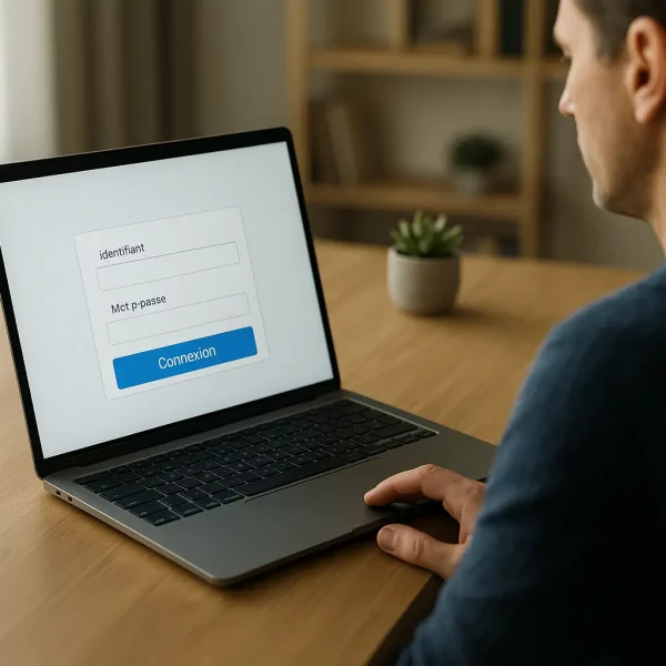 Une Personne Est Assise à Un Bureau En Bois Et Utilise Un Ordinateur Portable Affichant Un écran De Connexion En Français Avec Des Champs Pour Le Nom D'utilisateur Et Le Mot De Passe.