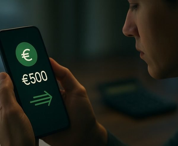 Personne Regardant L'écran D'un Smartphone Affichant Un Transfert D'argent De 500 Euros Avec Des Symboles De Devises En Euros Et Une Flèche Vers L'avant.