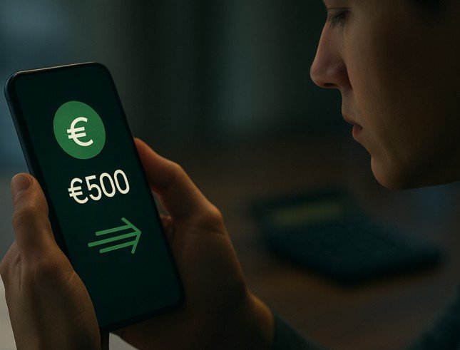 Personne Regardant L'écran D'un Smartphone Affichant Un Transfert D'argent De 500 Euros Avec Des Symboles De Devises En Euros Et Une Flèche Vers L'avant.