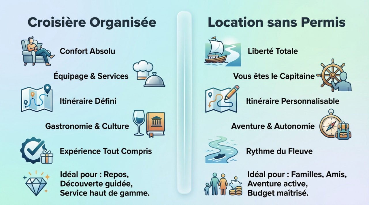Comparaison entre une croisière fluviale organisée avec équipage et la location d'une péniche sans permis