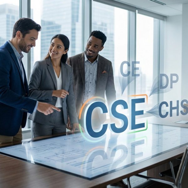 Trois Professionnels Se Tiennent Autour D'une Table De Conférence Numérique Où Les Abréviations Holographiques Et Le Cse Sont Affichés En évidence, Dans Un Bureau Moderne Avec Vue Sur La Ville.