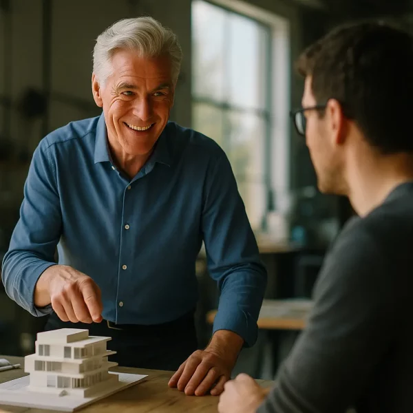Un Homme D'un Certain âge, Vêtu D'une Chemise Bleue, Montre Une Maquette D'architecture Posée Sur Une Table Tout En Discutant Avec Un Homme Plus Jeune Dans Un Bureau.