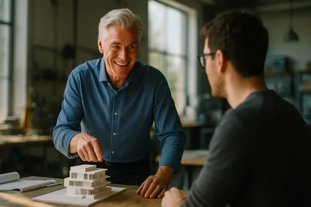 Un Homme D'un Certain âge, Vêtu D'une Chemise Bleue, Montre Une Maquette D'architecture Posée Sur Une Table Tout En Discutant Avec Un Homme Plus Jeune Dans Un Bureau.