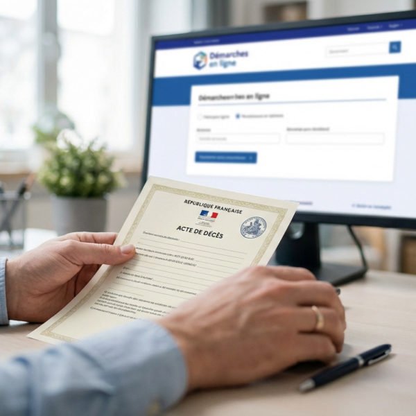 Une Personne Tient Un Certificat De Décès Français à Un Bureau, Avec Un Site Web De Services Gouvernementaux En Ligne Affiché Sur Un écran D'ordinateur à L'arrière Plan.