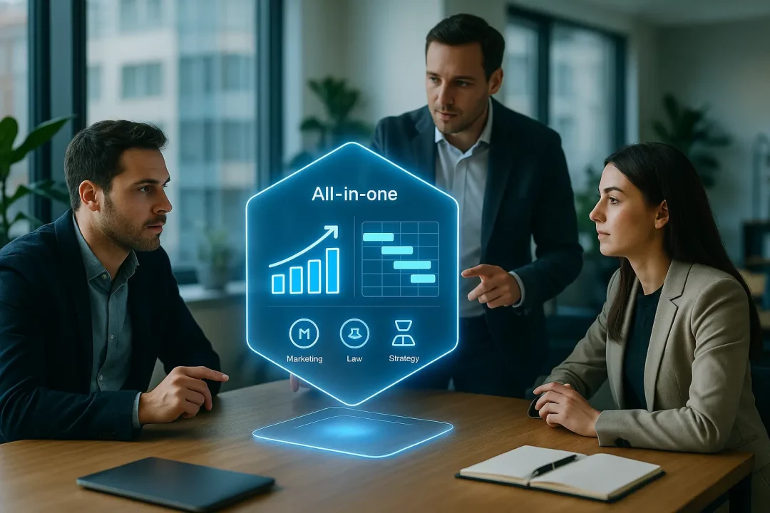 Trois Professionnels Discutent D'un écran Holographique éclairé Montrant Des Graphiques Et Des Icônes étiquetés Sur Le Marketing, Le Droit Et La Stratégie Dans Un Bureau Moderne.