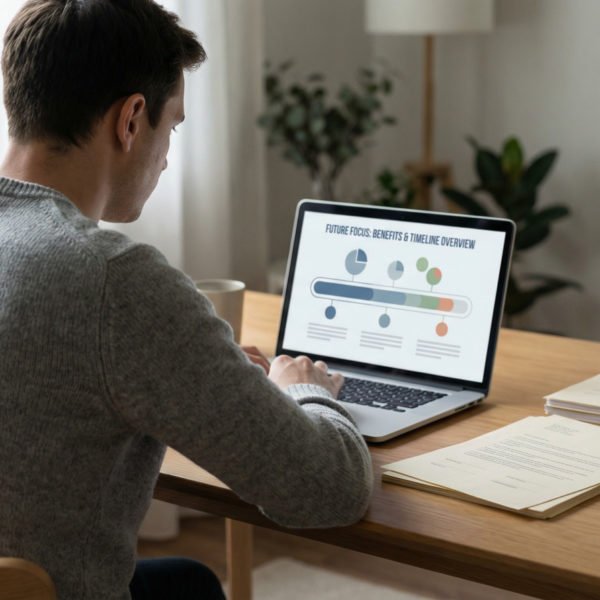 Un Homme Est Assis à Un Bureau, Travaillant Sur Un Ordinateur Portable Affichant Un Diagramme D'entreprise, Avec Des Papiers Et Un Stylo à Côté De Lui, Dans Un Bureau à Domicile.
