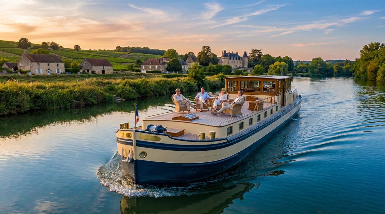 Un Groupe De Personnes Est Assis Et Se Détend Sur Le Pont D'une Péniche Fluviale Qui Traverse Un Paysage Rural Pittoresque Avec Des Maisons Et Des Vignobles Au Coucher Du Soleil.