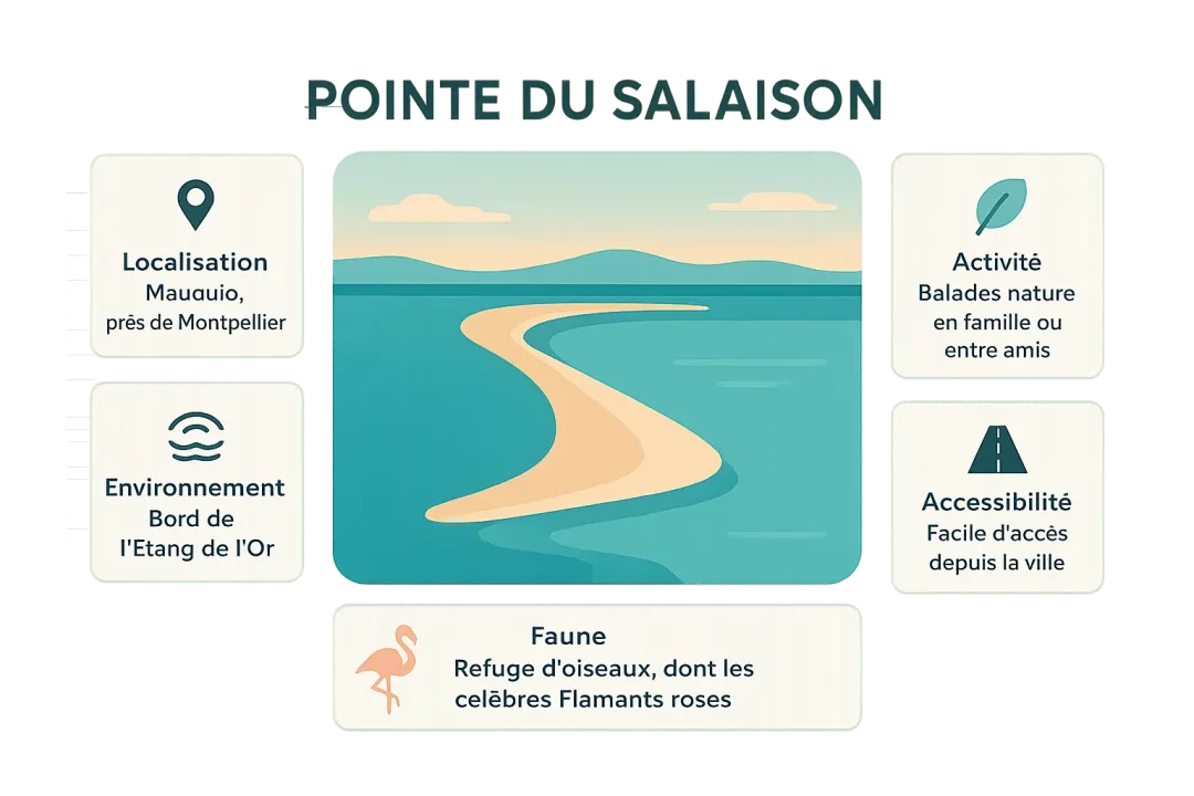 Infographie de la Pointe du Salaison et de l'Étang de l'Or montrant les sentiers et la faune