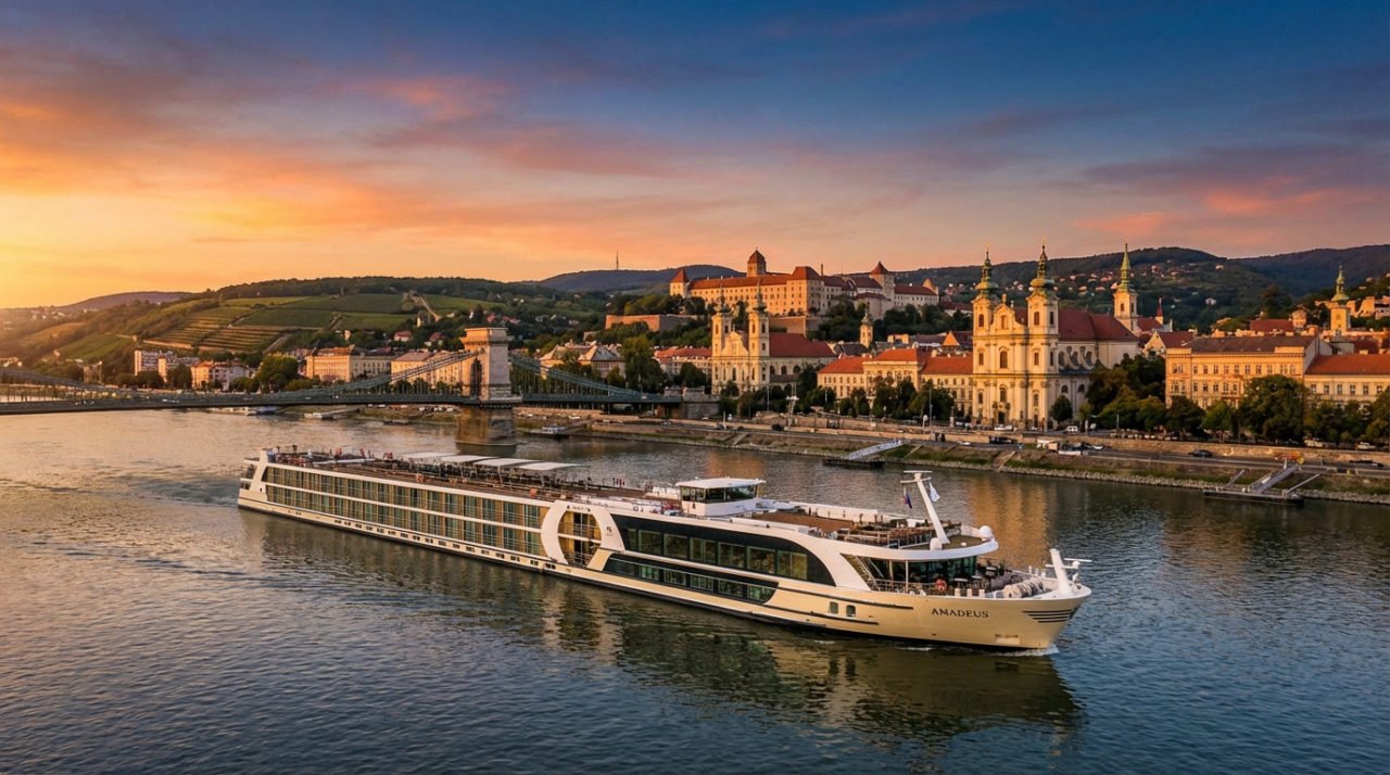 Un Bateau De Croisière Fluviale Moderne Navigue Sur Un Large Fleuve Au Coucher Du Soleil, Avec En Arrière Plan Une Ville Européenne Historique Et Des Collines Ondulantes.