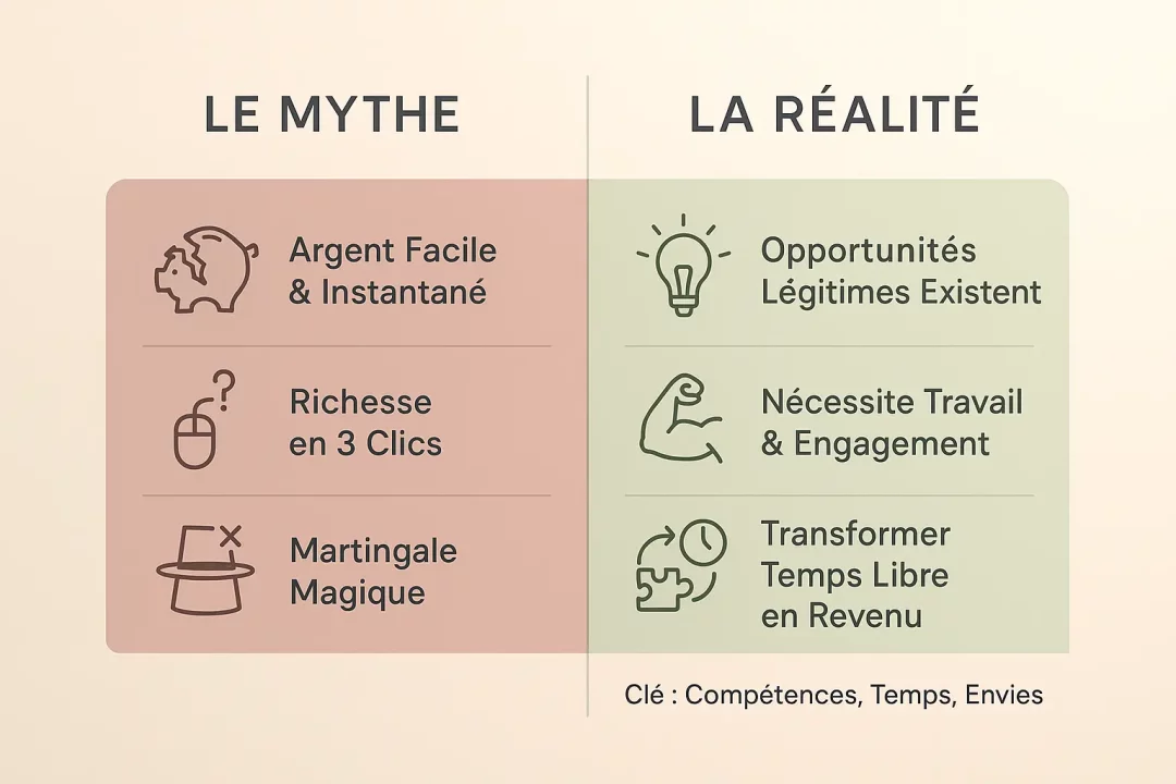 Illustration montrant l'équilibre entre les mythes et les réalités du travail à domicile pour un complément de salaire.