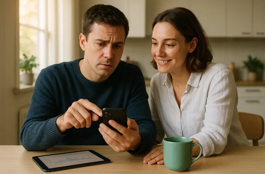 Un Homme Et Une Femme Sont Assis à Une Table Dans Une Cuisine ; L'homme Regarde Son Smartphone Avec Inquiétude Tandis Que La Femme Sourit. Une Tablette Et Un Mug Vert Sont Posés Sur La Table.
