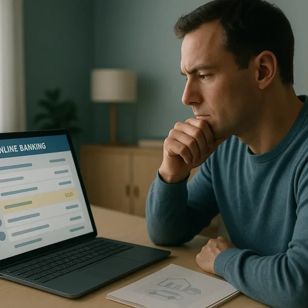 Un Homme Est Assis à Un Bureau Et Regarde Un écran D'ordinateur Portable Affichant Un Résumé De Compte Bancaire En Ligne.