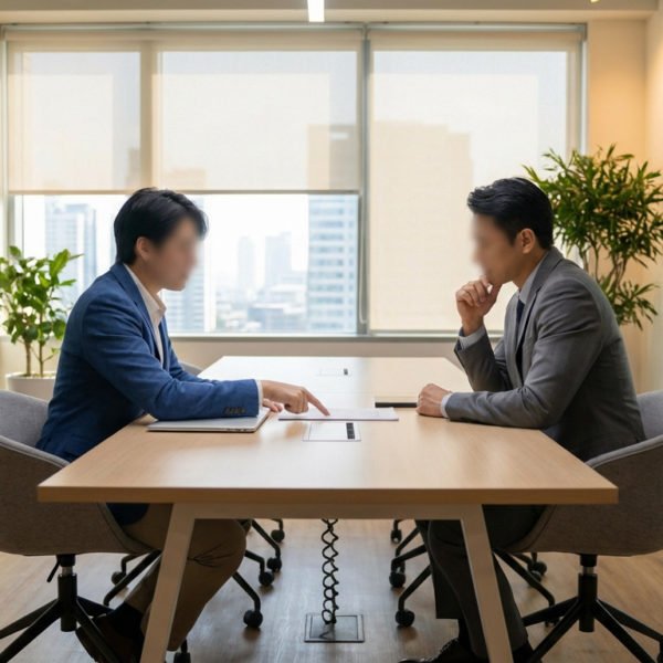 Deux Personnes En Tenue De Travail Sont Assises L'une En Face De L'autre à Une Table De Conférence Dans Un Bureau Moderne, Et Semblent Engagées Dans Une Discussion Sérieuse.