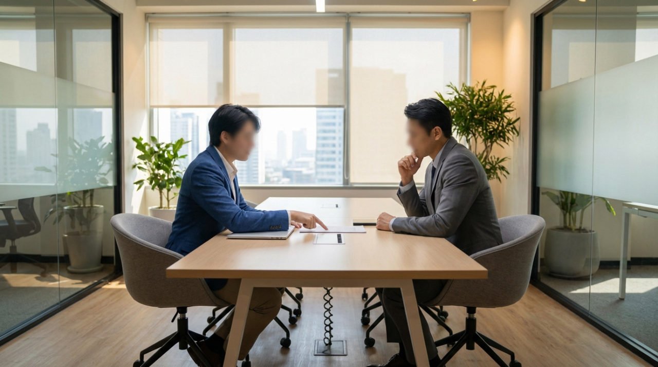 Deux Personnes En Tenue De Travail Sont Assises L'une En Face De L'autre à Une Table De Conférence Dans Un Bureau Moderne, Et Semblent Engagées Dans Une Discussion Sérieuse.