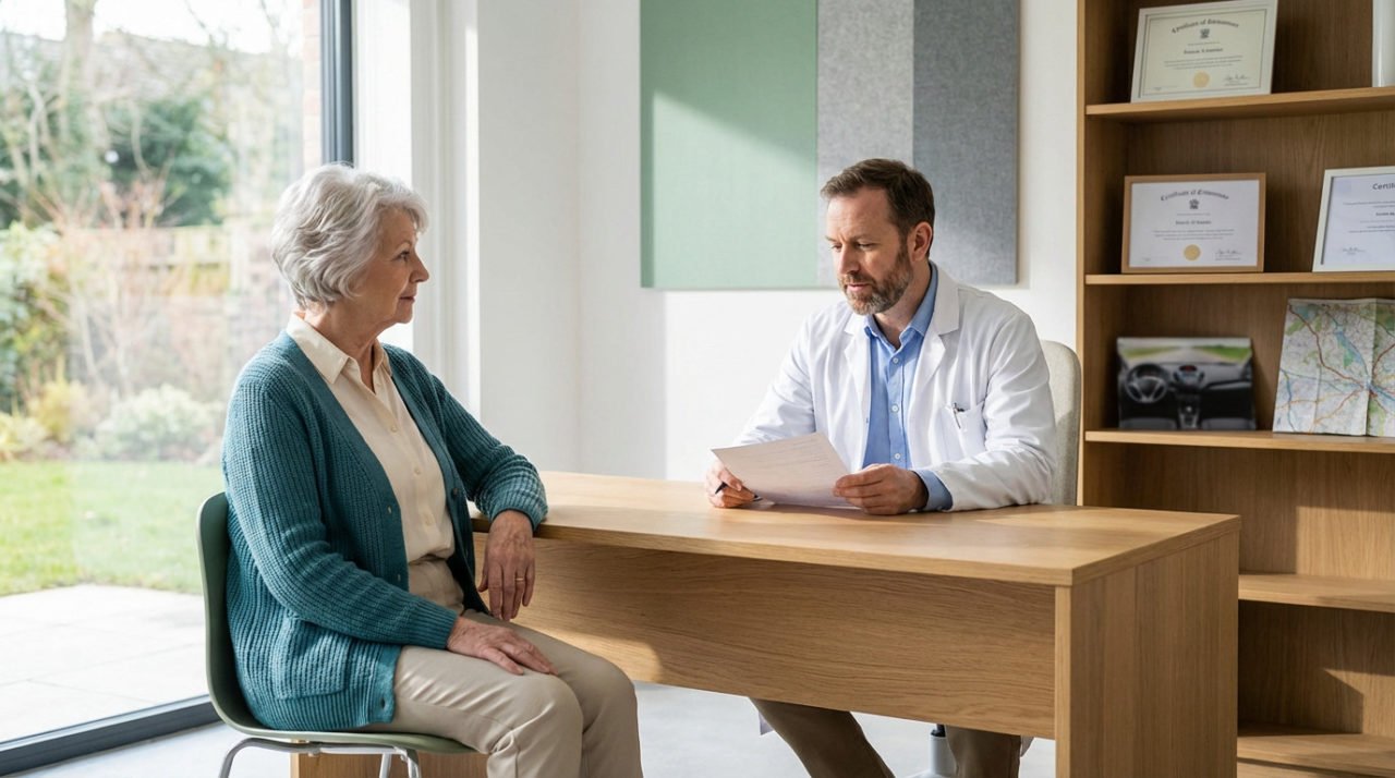 Dans Un Cabinet Médical, Une Femme D'un Certain âge Est Assise En Face D'un Médecin, à Un Bureau En Bois, Et Discute Avec Lui.
