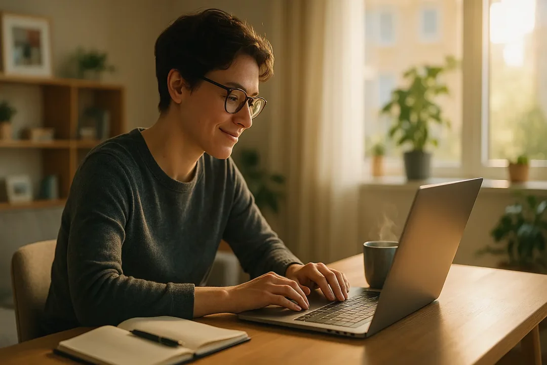 Une Personne Portant Des Lunettes Travaille Sur Un Ordinateur Portable à Un Bureau En Bois Avec Un Cahier, Un Stylo Et Une Tasse, Dans Une Pièce Chaudement éclairée Avec Des Plantes Près De La Fenêtre.