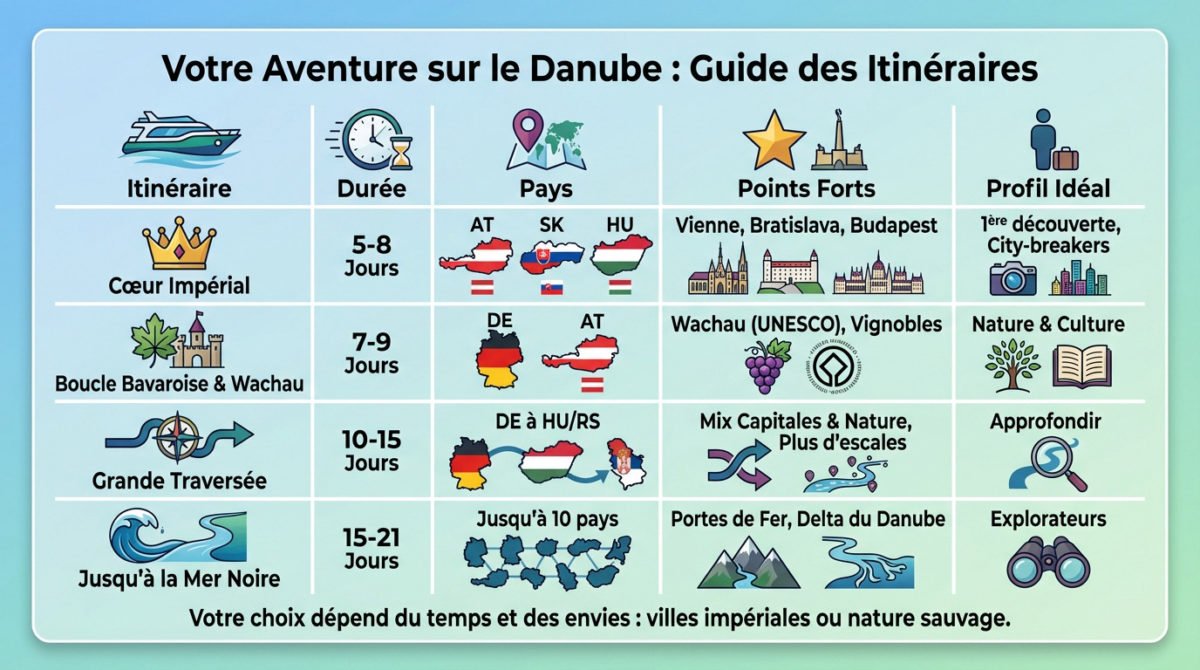 Tableau Comparatif De Quatre Itinéraires Sur Le Danube, Présentant Durée, Pays Traversés, Points Forts Et Profils De Voyageurs Adaptés, Avec Des Icônes Illustratives.