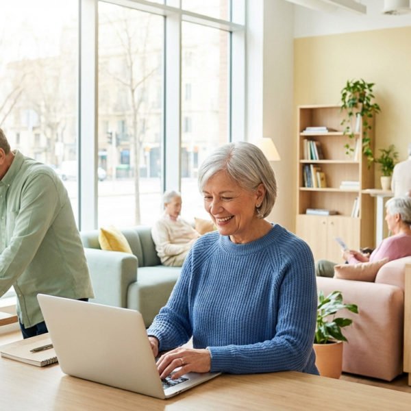 Groupe De Personnes âgées Dans Une Salle Communautaire Moderne Et Lumineuse ; Certains Utilisent Des Ordinateurs Portables, D'autres Lisent Ou Discutent, Entourés De Plantes Et De Meubles En Bois Clair.