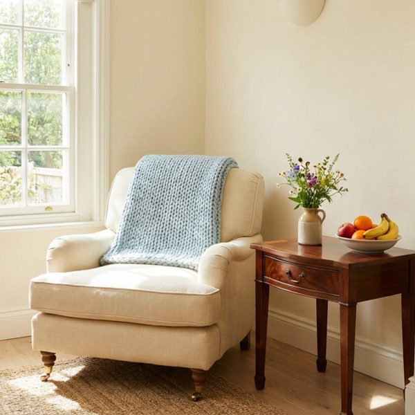 Un Fauteuil Crème Avec Une Couverture Bleue à Côté D'une Table D'appoint En Bois Contenant Un Vase De Fleurs Et Une Coupe De Fruits, Placée Près D'une Fenêtre Dans Une Pièce Lumineuse.