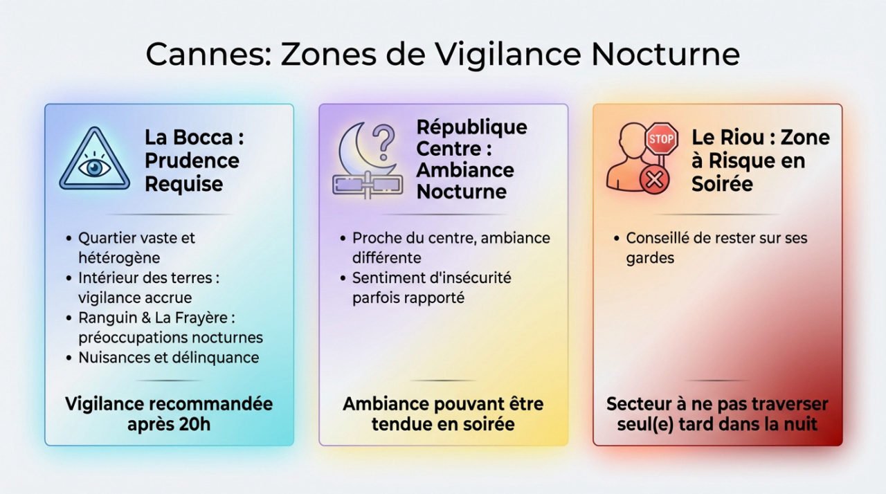 Carte illustrant les zones de vigilance nocturne à Cannes
