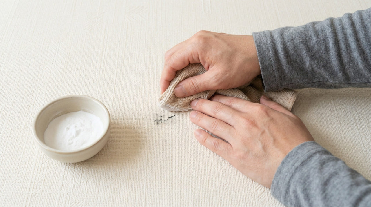 Une Personne Essuie Une Tache Noire Sur Une Surface Blanche Texturée à L'aide D'un Chiffon, à Côté D'un Petit Bol De Poudre Blanche.