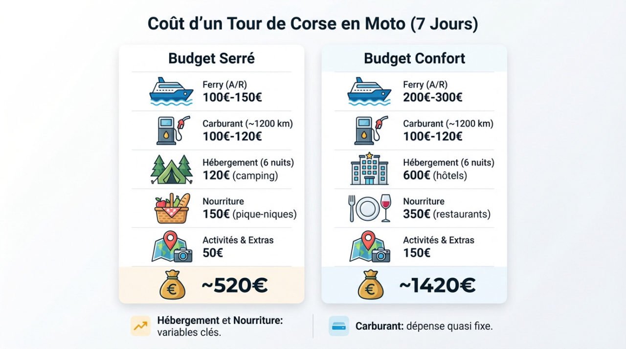 Tableau comparatif des coûts pour un road trip moto en Corse sur 7 jours