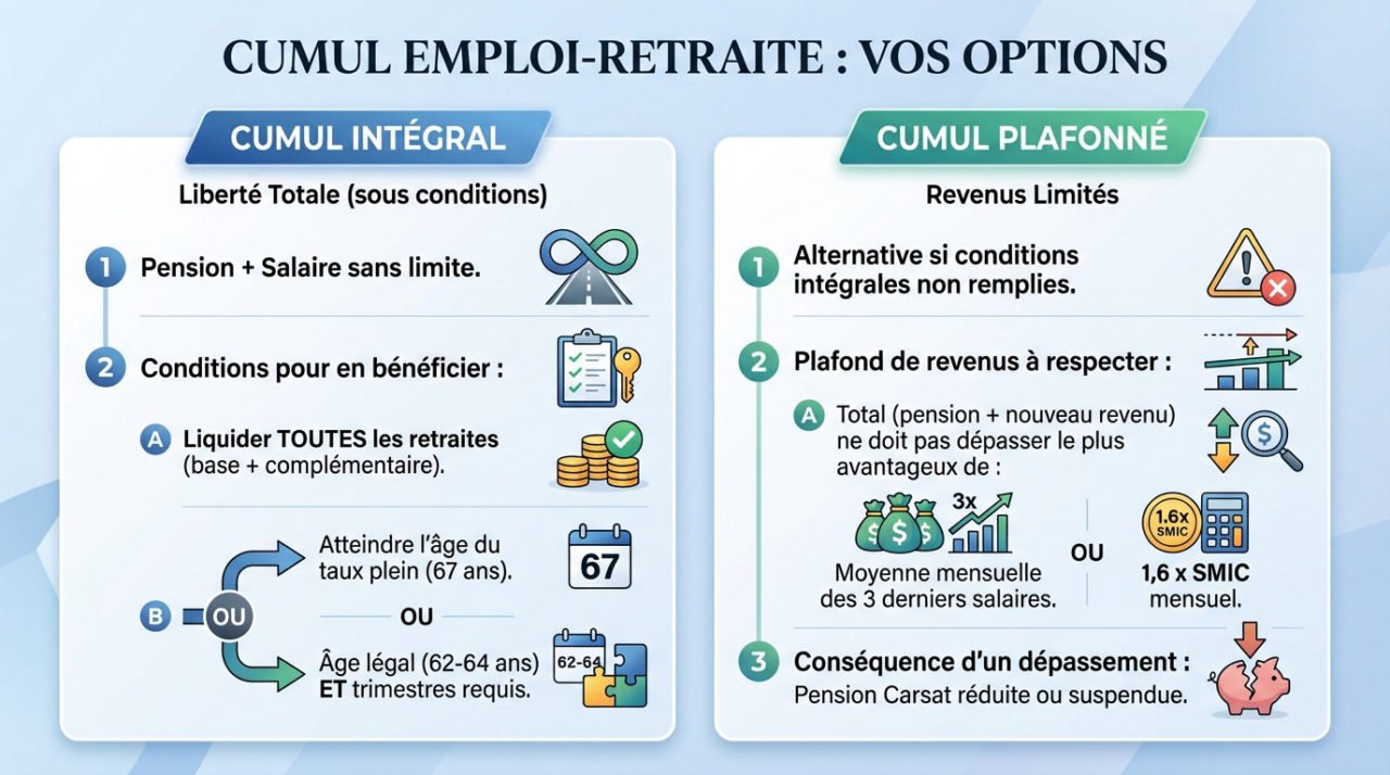 Schéma explicatif des options de cumul emploi-retraite : intégral ou plafonné