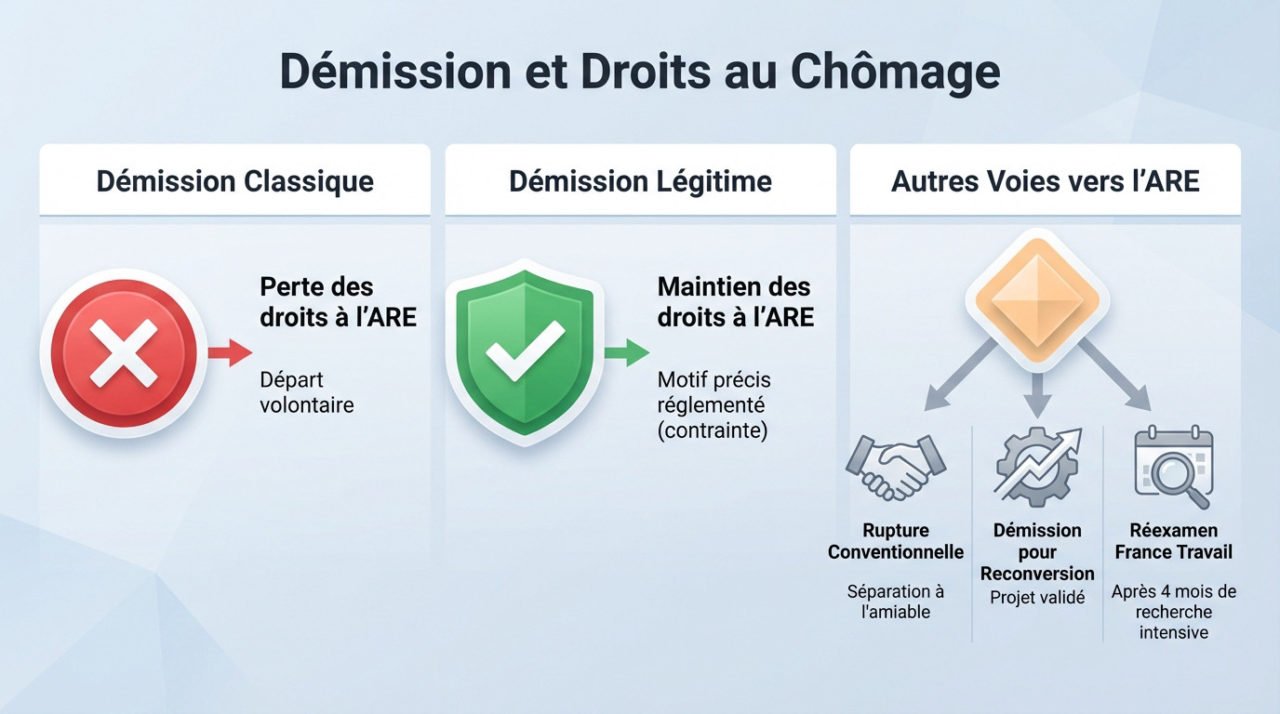 Infographie expliquant les différences entre démission légitime, rupture conventionnelle et démission pour reconversion