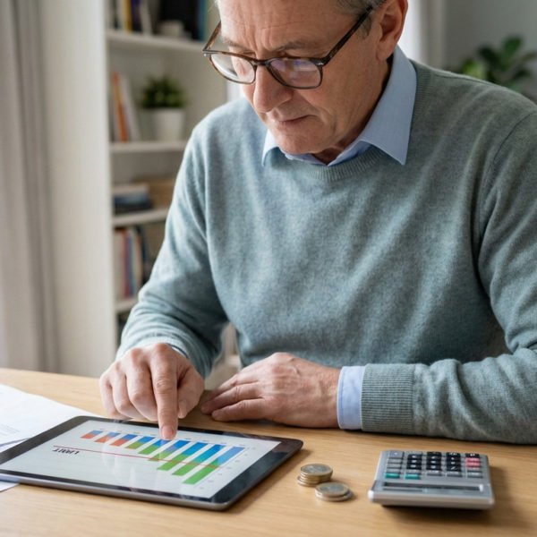 Un Homme Portant Des Lunettes Examine Un Diagramme à Barres Coloré Sur Une Tablette à Un Bureau Où Se Trouvent Des Documents, Des Pièces De Monnaie Et Une Calculatrice.