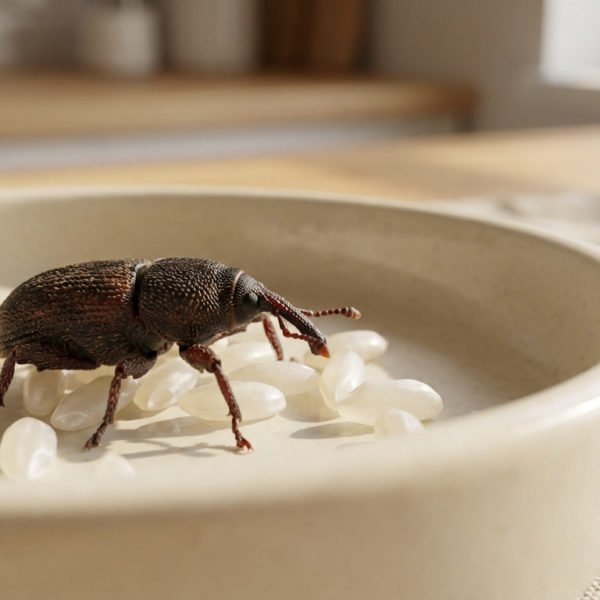 Gros Plan D'un Insecte Charançon Sur Des Grains De Riz Non Cuits Dans Un Bol En Céramique Beige, Avec Un Arrière Plan De Cuisine Flou.