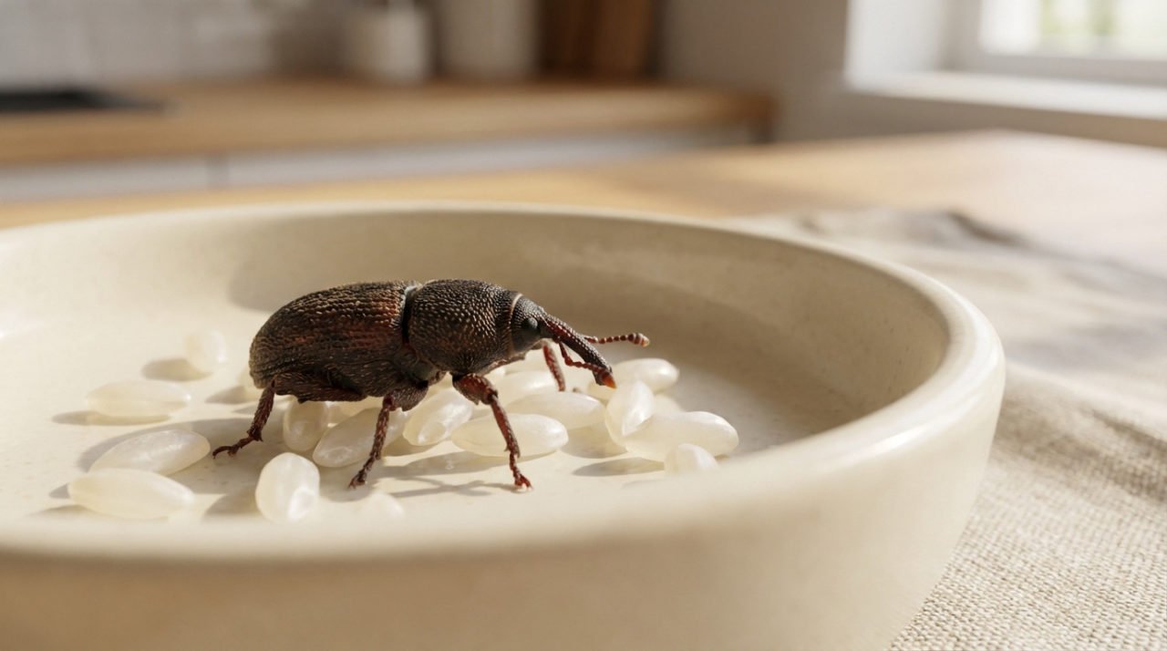 Gros Plan D'un Insecte Charançon Sur Des Grains De Riz Non Cuits Dans Un Bol En Céramique Beige, Avec Un Arrière Plan De Cuisine Flou.