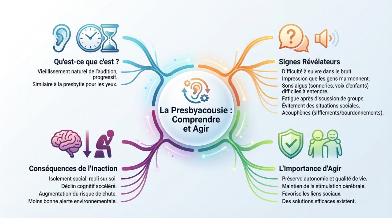 Schéma explicatif de la presbyacousie et ses effets sur l'audition des seniors
