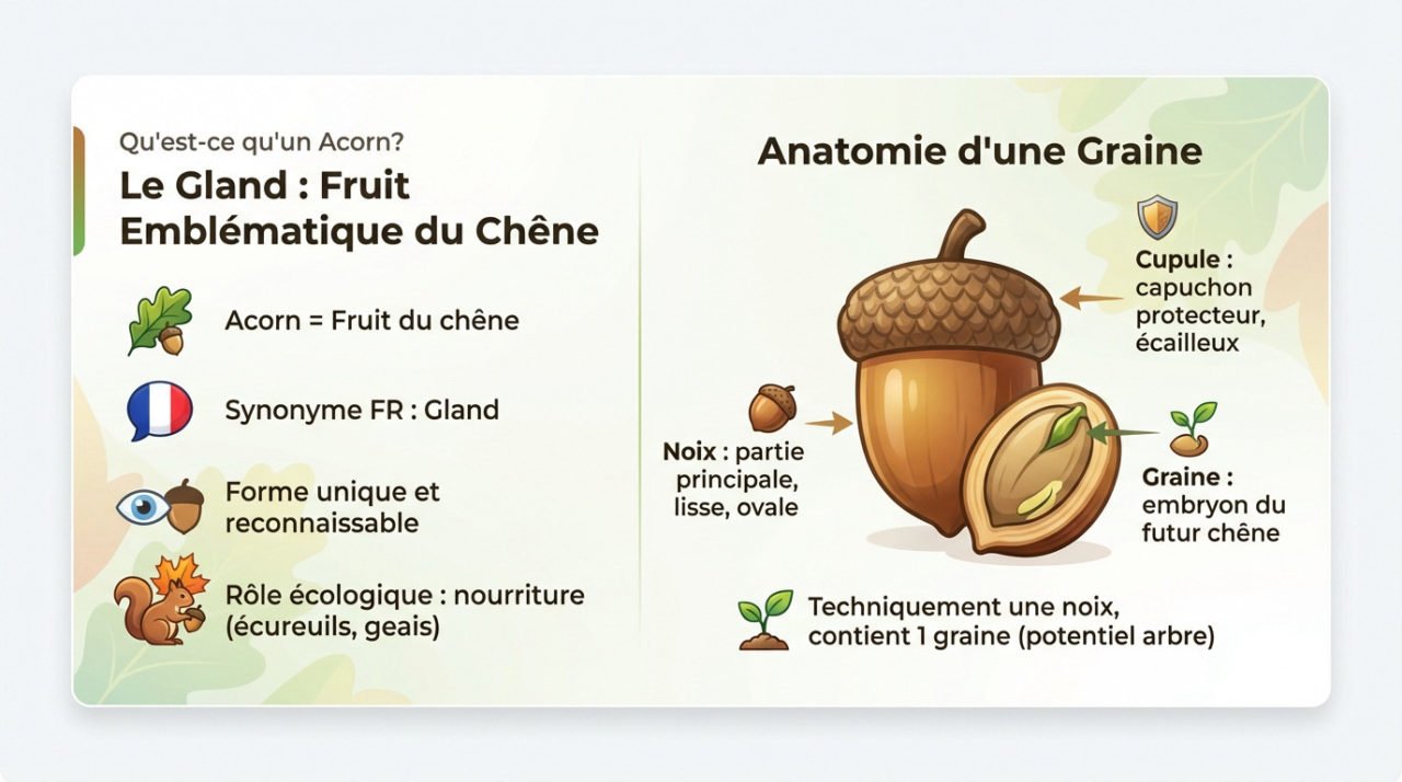 Schéma botanique d'un acorn ou gland montrant la cupule et la noix