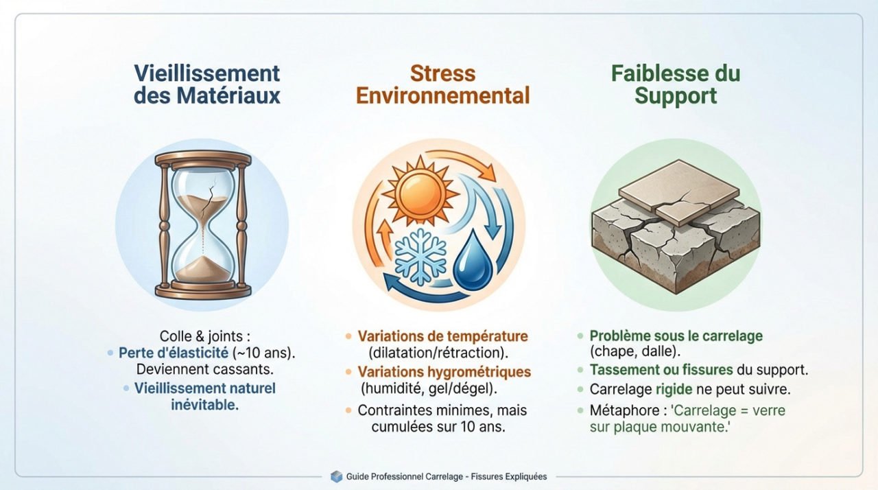 Schéma illustrant les causes de fissures de carrelage : mouvements du support et dilatation thermique