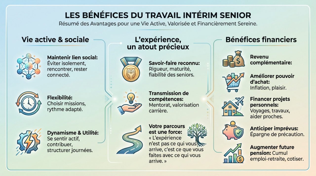 Senior actif partageant son expérience professionnelle avec des collègues plus jeunes lors d'une mission d'intérim