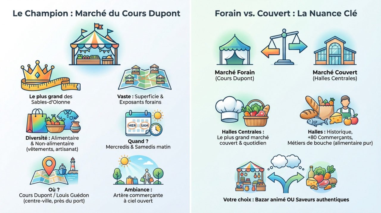 Comparaison entre le marché forain du Cours Dupont et les Halles Centrales des Sables-d'Olonne