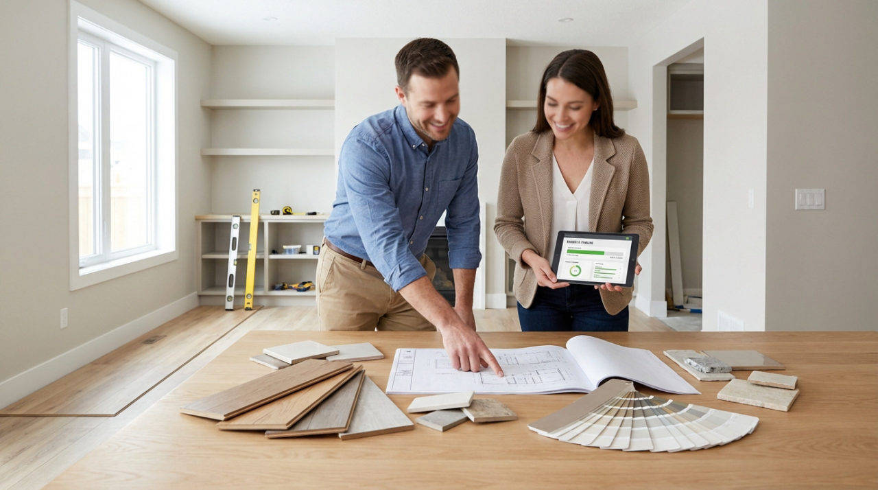 Deux Personnes Examinent Des Plans D'architecture Et Des échantillons De Matériaux Sur Une Table Dans Une Pièce Moderne Et Inachevée ; L'une D'elles Tient Une Tablette Affichant Un Document.