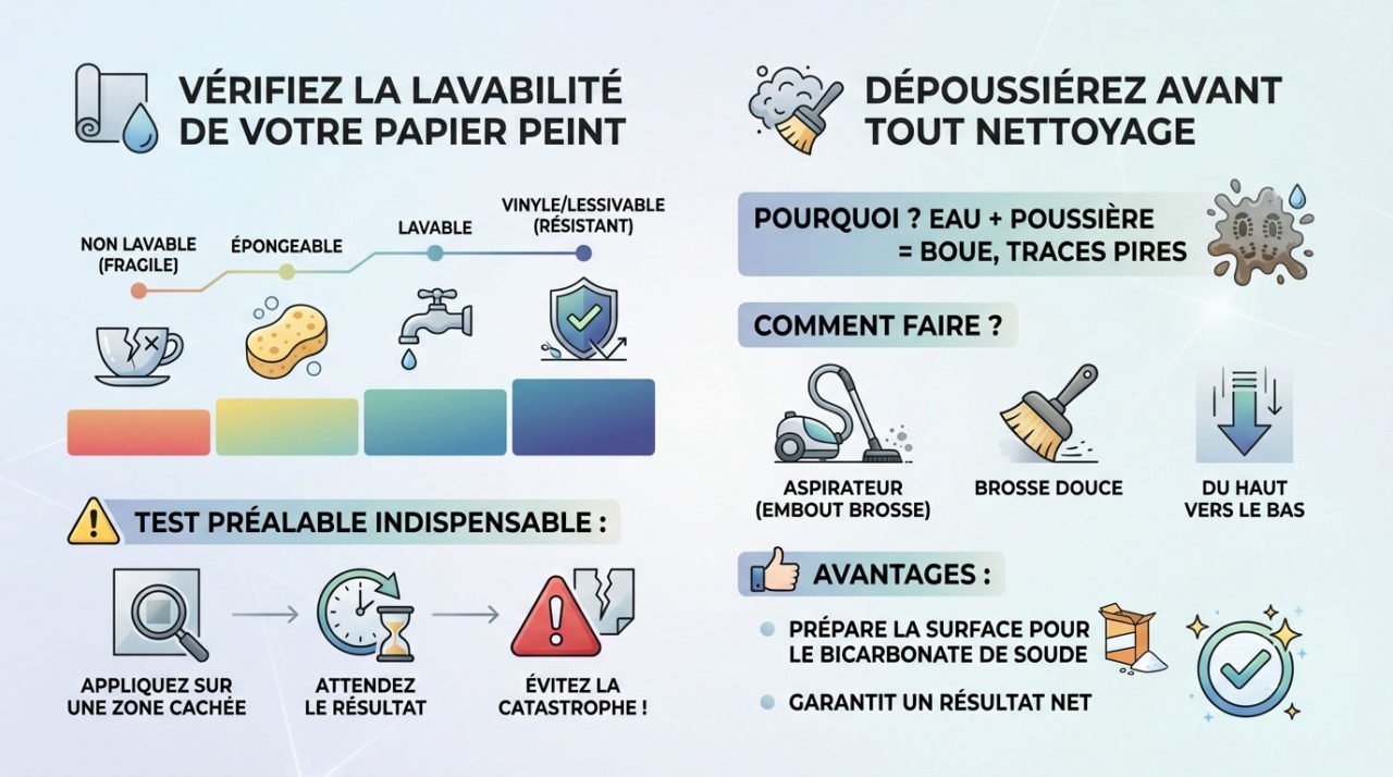 Femme dépoussiérant un mur avec un chiffon doux avant de nettoyer le papier peint