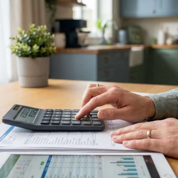 Personne Utilisant Une Calculatrice Sur Des Documents Financiers à Un Bureau, Avec Une Tablette Affichant Des Graphiques Et Une Plante En Pot En Arrière Plan.