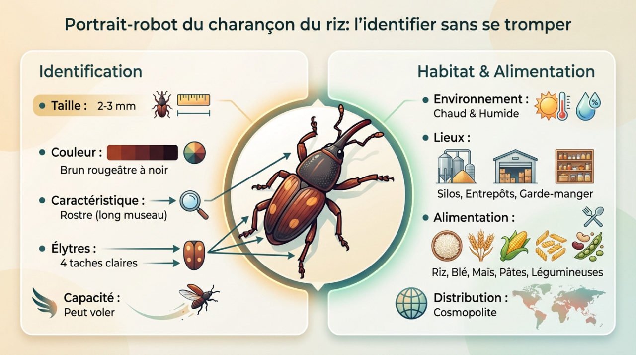 Gros plan sur un charançon du riz, Sitophilus oryzae, montrant son rostre caractéristique et sa couleur brun rougeâtre