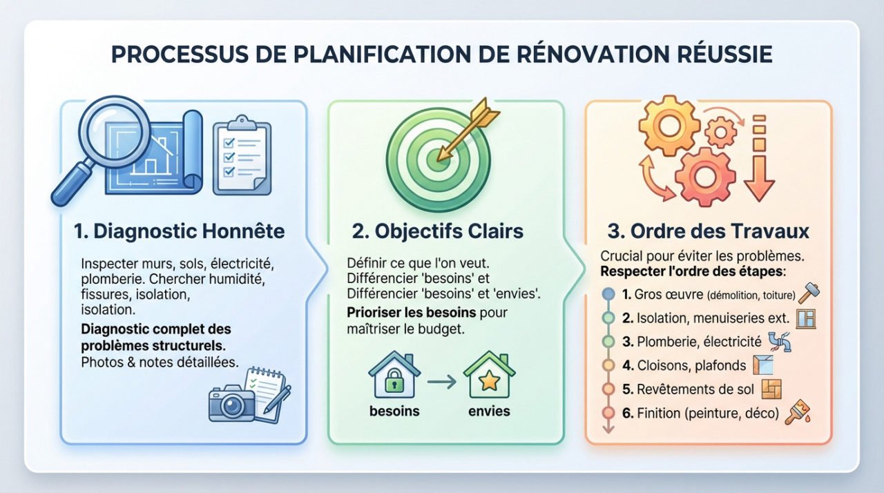 Schéma illustrant le processus de planification d'une rénovation réussie étape par étape