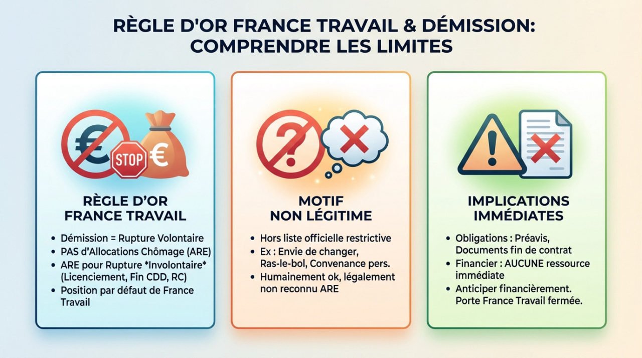 Illustration de la règle d'or de France Travail concernant la démission et les limites de l'indemnisation