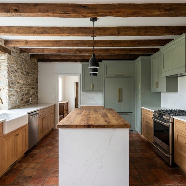 Une Cuisine De Ferme Moderne Avec Des Armoires En Bois Et Vert Sauge, Des Poutres En Bois, Des Murs En Pierre, Un îlot Central, Des Appareils électroménagers En Acier Inoxydable Et Un Sol En Carreaux De Terre Cuite.